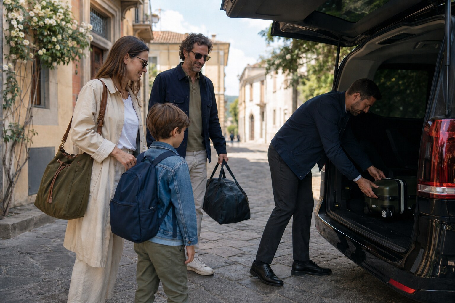 Famiglia in partenza mentre lo chauffeur carica i bagagli